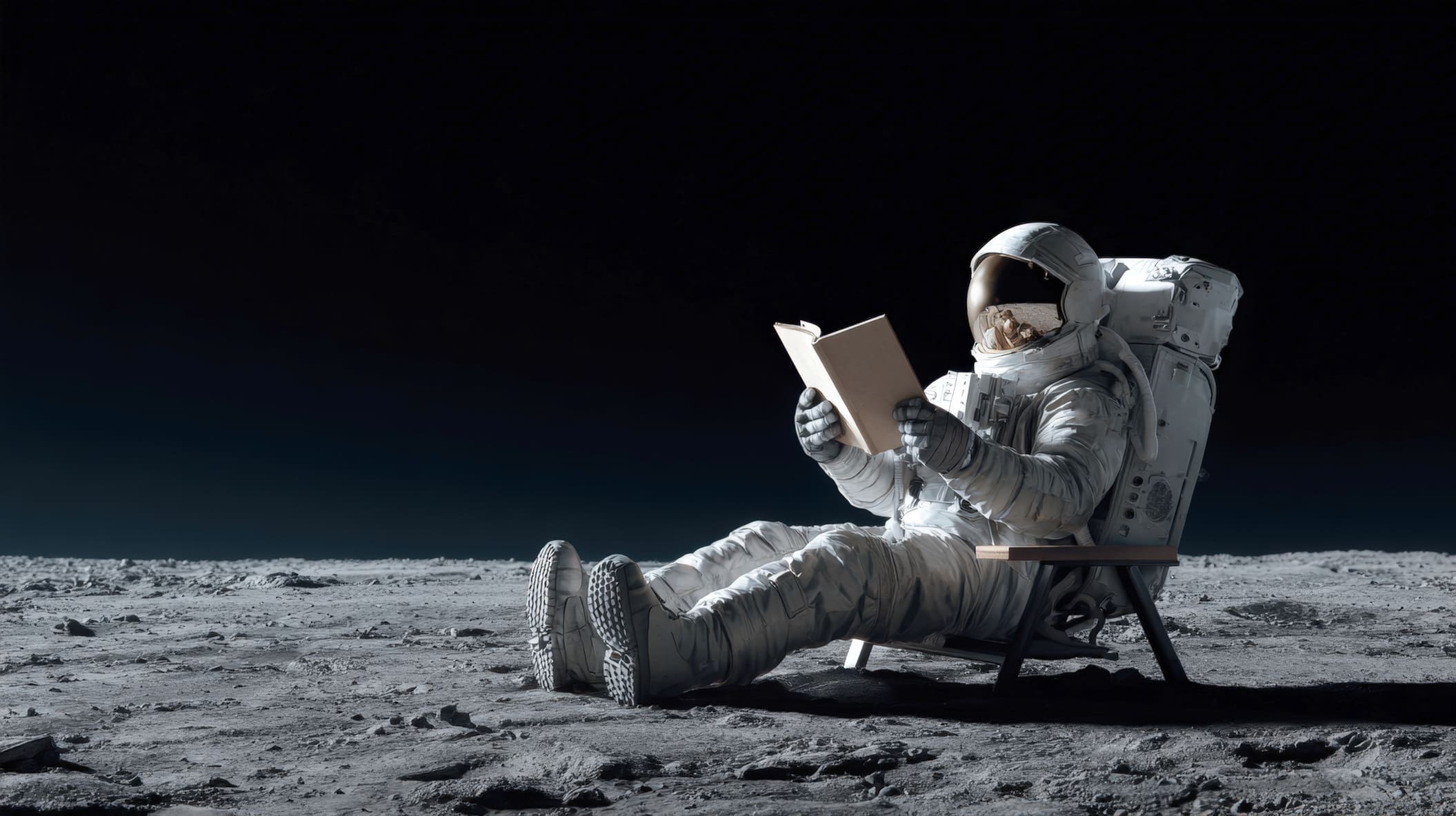 EIn Astronaut sitz auf dem Mond und liest ein Buch.