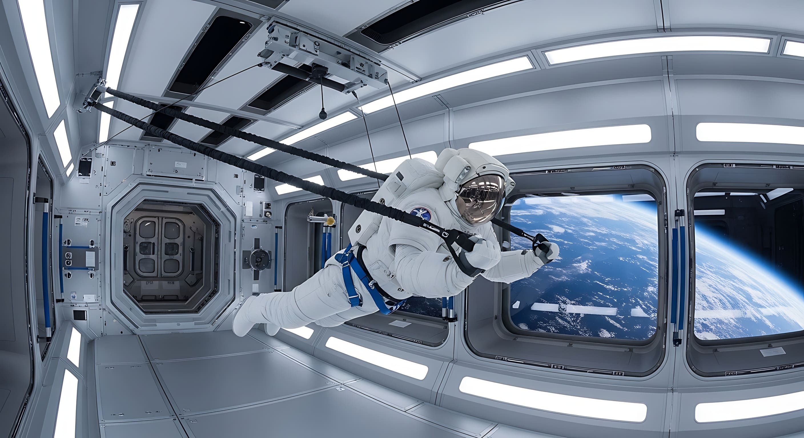 Ein Astronaut macht in einer Raumstation sport.
