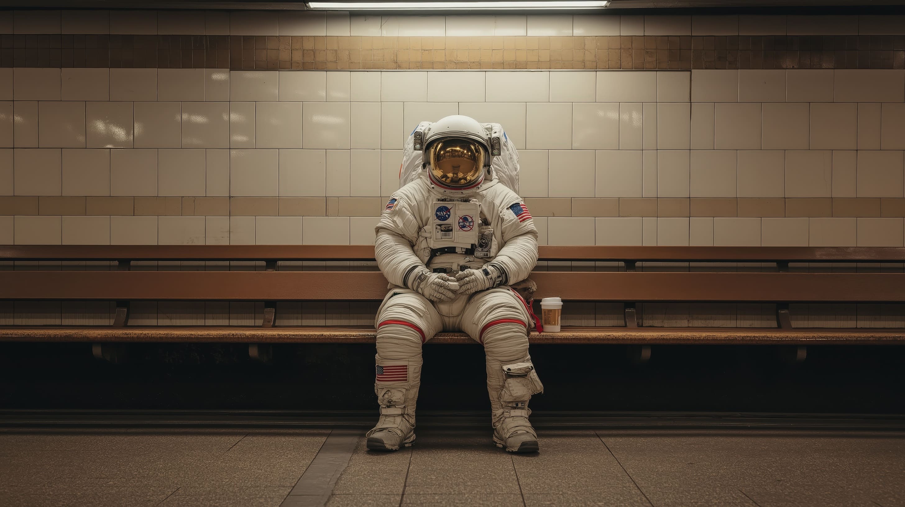 Astronaut sitz an einer U-Bahn Station und wartet